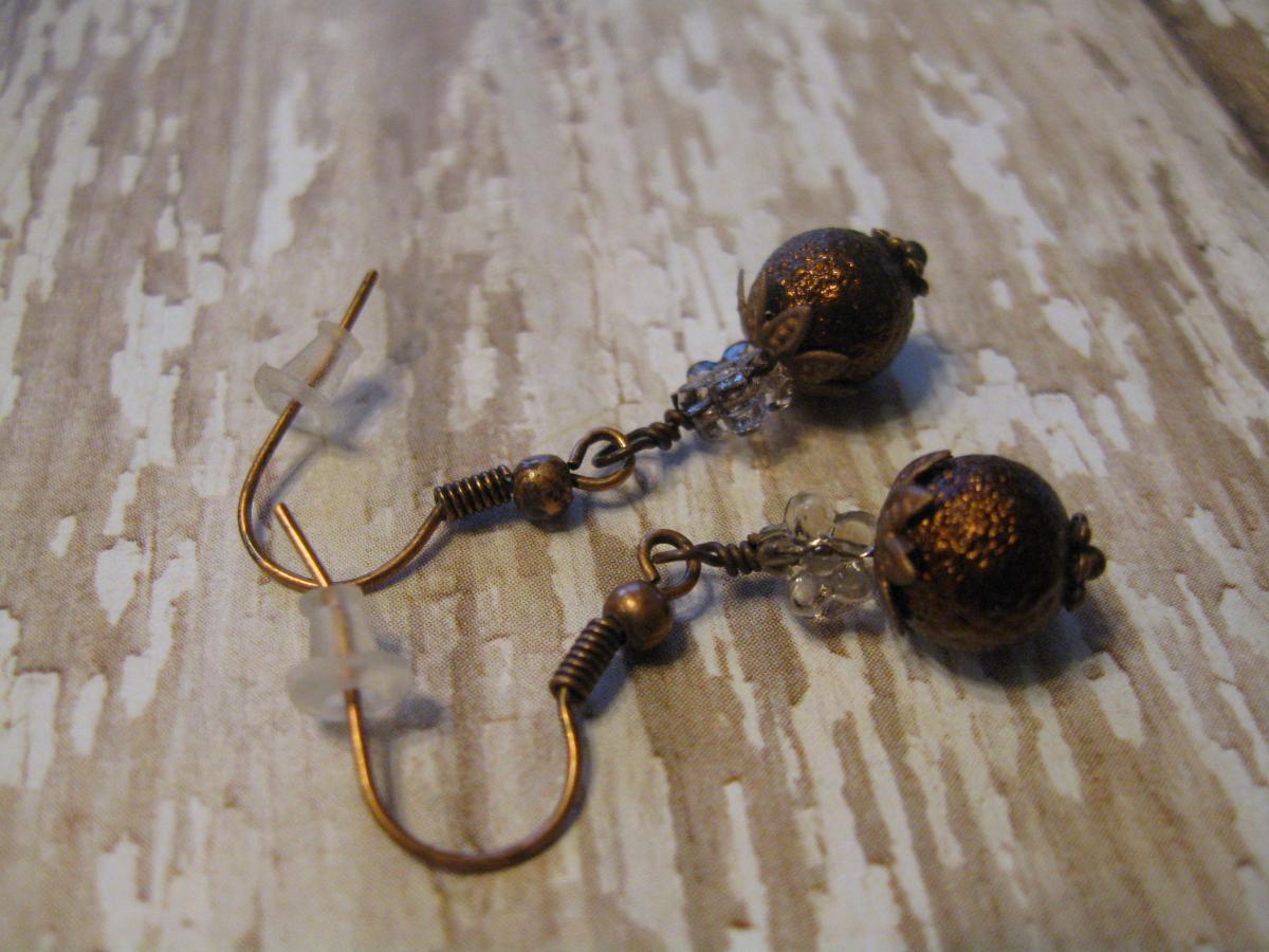 Rustic Textured Brown Pearl With Copper And Glass Earrings Item 210